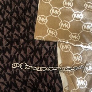 Michael Kors Beige and Brown Patterned Scarf with Silver Chain